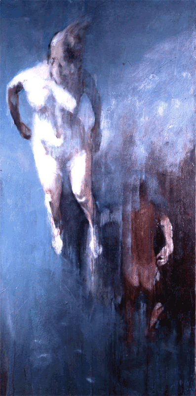 Oil painting on canvas of a falling couple